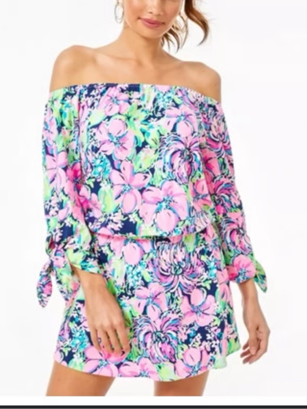 Lilly Pulitzer Floral Off-Shoulder Pink and Green Womenโs Lana Skort Romper